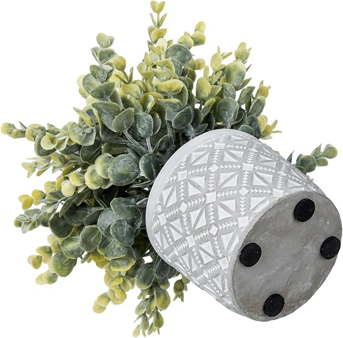 MyGift Artificial Potted Eucalyptus and Lavender Plant Faux Greenery in Modern Geometric Embossed Pattern Concrete Planter Pot, 2 Pc Set