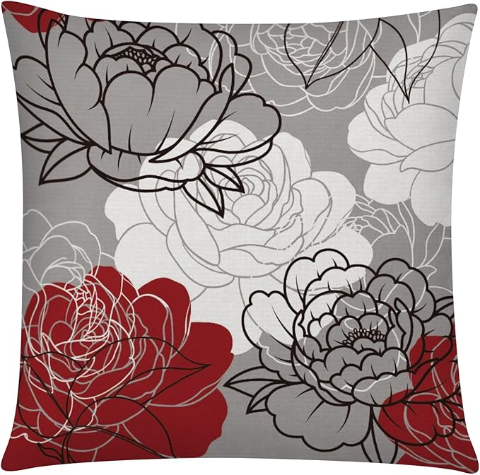 COMMINY Red Grey Pillow Covers 16x16 Set of 6 Decorative Burgundy Daisy Throw Pillow Cover for Couch Modern Farmhouse Cushion Cover for Patio Sofa Bed Living Room Home Decor