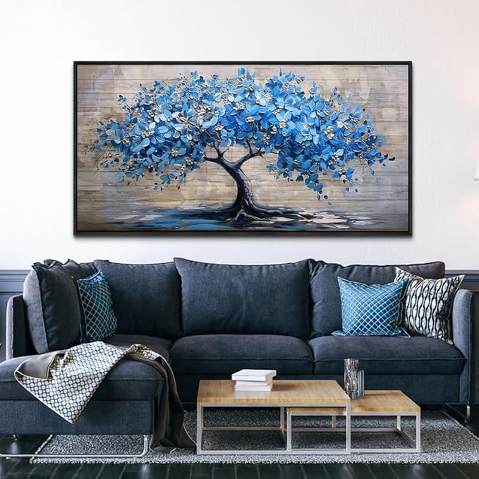 ERQINHUA Large Canvas Wall Decor For Living Room Farmhouse Wall Art For Bedroom Black Framed Mural Abstract Paintings Blue Tree Wall Pictures Artwork Office Decoration Dormitory Home Decor 30x60 In