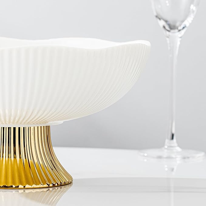 Ceramic Fruit Bowl,10” Pedestal Bowl, Decorated Fruit Tray for Kitchen Counter and Dining Table, Footed Bowls for Afternoon Tea Parties, Bread and Salad Bowl with Golden Feet. (white)