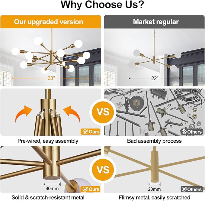 Sputnik Chandeliers Dining Room Light Fixture (12-Light, 33-Inch), Modern Brass Chandelier, Height Adjustable Mid Century Modern Chandeliers for Dining Room Kitchen Bedroom (Bulbs not Included)