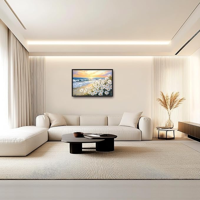 Large Beach Daisy Wall Art, Framed Coastal Beach Wall Decor for Living Room, Oversized Sunrise Canvas Painting Seascape Pictures Home Decoration for Living Room Bedroom Office 36"x24"