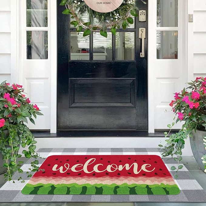 Summer Watermelon Welcome Doormat 30x17 Inch Watermelon Front Door Mat Indoor Outdoor Entrance Floor Mats Non-Slip Washable Seasonal Summer Home Decor Rugs