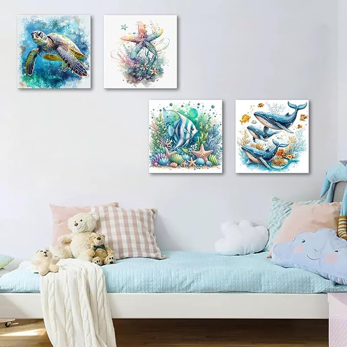 dgbtcart Ocean Wall Art Bathroom Decor โ Watercolor Sea Turtle, Starfish Whale Canvas Prints โ Coastal Beach Themed 4-Piece Set, 16x16 Modern Nautical Painting for Home, Bedroom, Kids Room