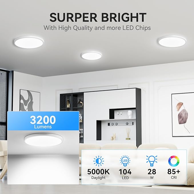 3200lm LED Flush Mount Ceiling Light, Super Slim 12 inch LED Ceiling Light, 5000K LED Ceiling Light for Bedroom, Living Room, Dining Room (White, One Pack)