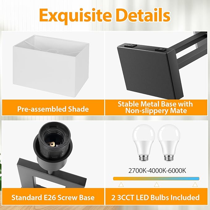 Set of 2 Table Lamps for Bedrooms, 3-Color Temperatures Touch Control Bedside Lamps with 2 USB Ports&AC Outlet, Stepless Dimmable Living Room Lamps for Nightstand, Bulbs Included, White&Black