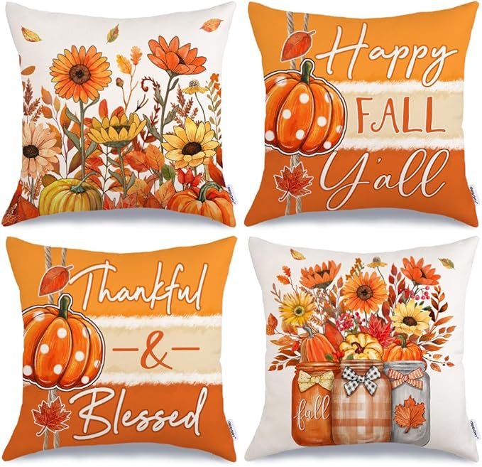 GEEORY Fall Throw Pillow Covers 16x16 Inch Set of 4, Pumpkins Floral Mason Jars Happy Fall Y'all Thankful & Blessed Orange Autumn Seasonal Decorative Farmhouse Decoration for Home G552-16