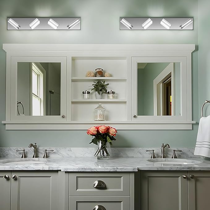 Modern LED Bathroom Lights Fixtures(4-Light),Metal Chrome Acrylic Wall Lighting,Vanity Lights for Bathroom Over Mirror(6000k 27In