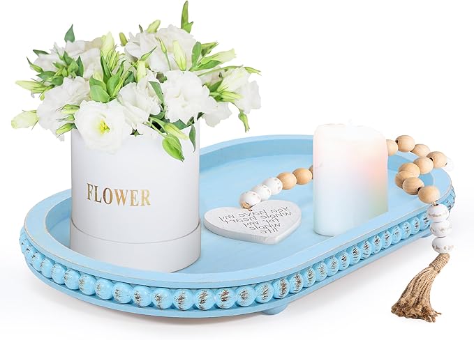 HPC Decor 15in Oval Light Blue Wood Beaded Tray for Home, Decorative Serving Tray, Rustic Farmhouse Wooden Trays for Vintage Centerpiece, Kitchen Counter, Living Room, Coffee Table