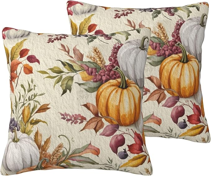 Fall Pumpkin Pillow Covers 18x18 inch Set of 2, Linen Autumn Outdoor Thanksgiving Harvest Leaves Rustic Farmhouse Decorations for Sofa Couch
