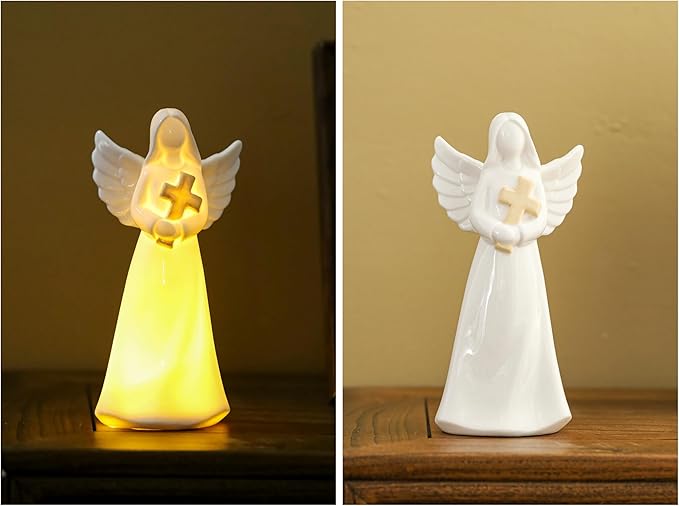 ADAVAS.Y&G Porcelain Lighted Angel Figurine Holding Cross, and Decor 7" H