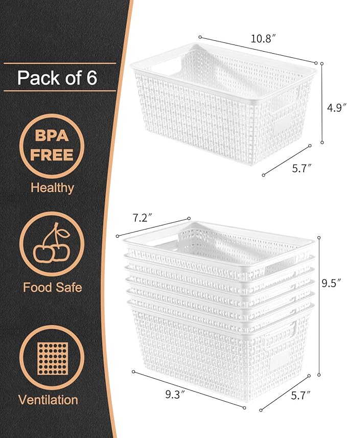 Plastic Storage Baskets For Organizing, 6 Pack Organization and Storage Containers, Storage Baskets for Shelves Drawers Desktop Closet Playroom Classroom Office, White