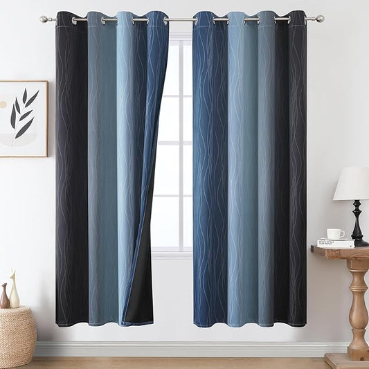 Estelar Textiler Navy Blue and Black Ombre Blackout Curtains 72 Inch Length 2 Panels Set, Full Room Darkening Grommet Curtains for Bedroom, Thermal Insulated Light Blocking Gradient Drapes,52Wx72L