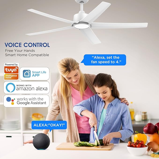 ocioc 52 Inch Smart Ceiling Fan,Modern Ceiling Fans with Lights and Remote,Compatible with Alexa/Google Home/APP,Reversible,Dimmable,3 CCT,Timer,White Ceiling Fan for Living Room,Bedroom