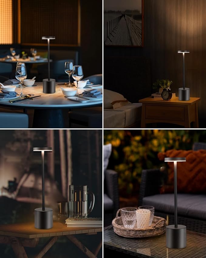2 Pack LED Cordless Table Lamps, Portable 5000mAh Rechargeable Table Lamp, Touch Control Outdoor Table Lamp, 3 Color Dimmable Cordless Table Lamps for Restaurant, Patio, Bedroom, Outdoor - Black