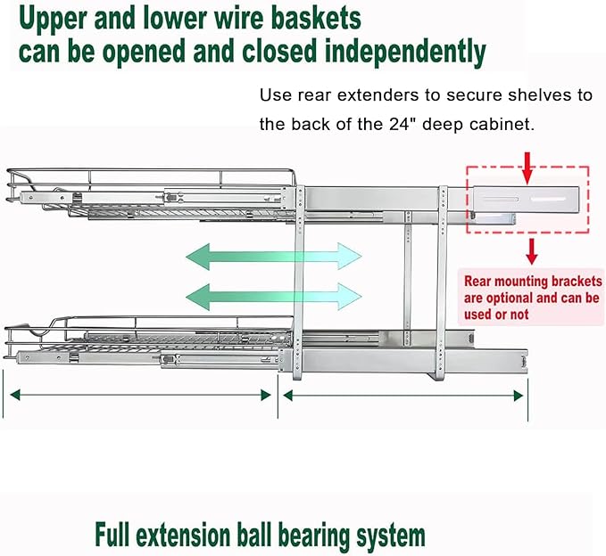 DINDON 2 Tier Pull Out Cabinet Organizer (11"W X 21"D), Double Tier Wire Basket Slide Out Shelf Storage for Kitchen Base Cabinet Organization for Kitchen, Pantry, Bathroom, Chrome