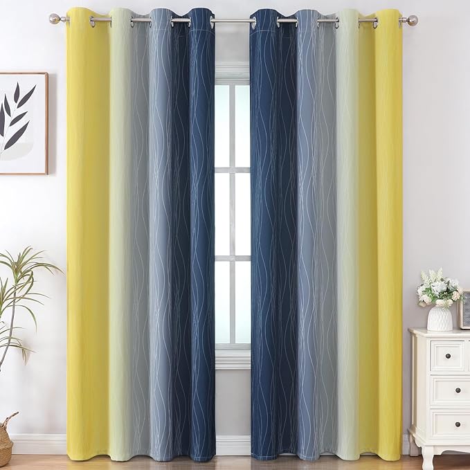Estelar Textiler Navy Blue and Yellow Ombre Blackout Curtains 102 Inches Long for Bedroom, Thermal Insulated Full Room Darkening Grommet Gradient Drapes for Living Room, 52Wx102L, 2 Panels
