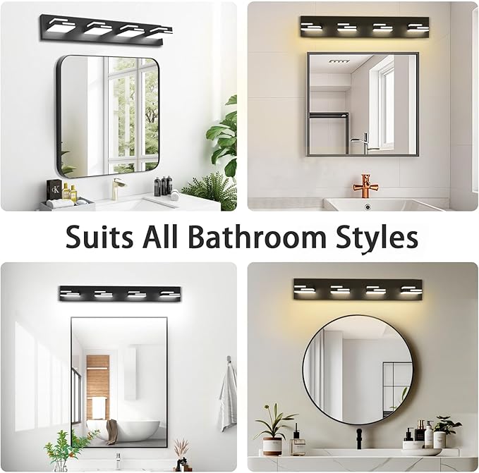 LED Modern Bathroom Vanity Light Fixtures 4-Light 5CCT Dimmable Matte Black Vanity Lights for Bathroom Lighting Fixtures Over Mirror, with 350° Rotatable Acrylic Heads, 28-inch