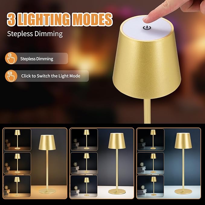 Cordless Table Lamps USB Rechargeable Simplicity Desk Lamp Built-in 4600 mAh Battery LED Battery Operated lamp with Touch Control Table lamp - Bedroom/Desk/Reading/Patio(Gold)
