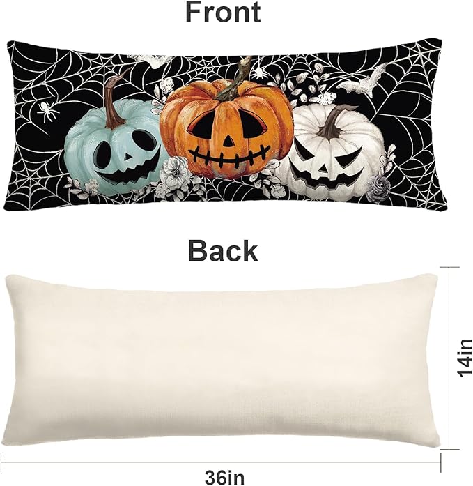 Baccessor Halloween Pillow Cover 14x36 Inch, Black Pumpkins Bats Spider Web Long Pillow Case Halloween Decor for Cushion Sofa Couch Indoor Outdoor Decoration 1 Piece