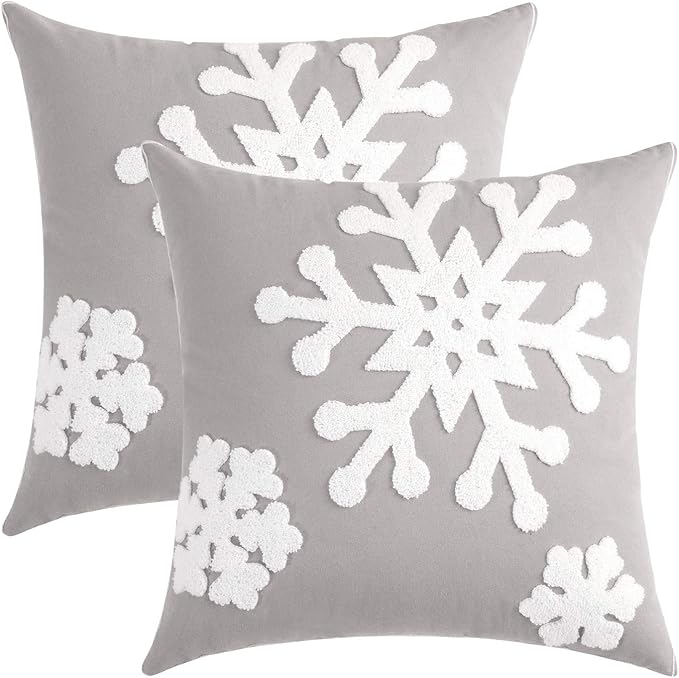 MIULEE Pack of 2 Christmas Decorative Snowflake Throw Pillow Covers Canvas Embroidery Winter Cushion Cases Holiday Decor Soft Pillowcases for Winter Couch Sofa Bedroom Car(Grey, 16x16in)