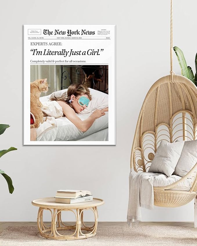 Trendy Newspaper Style Wall Art 8x10, Audrey Hepburn Magazine I'm Literally Just a Girl Canvas Wall Art Home Decor Aesthetic Prints Painting Retro Set of 1 for Bedroom Dorm Decor Ready to Hang