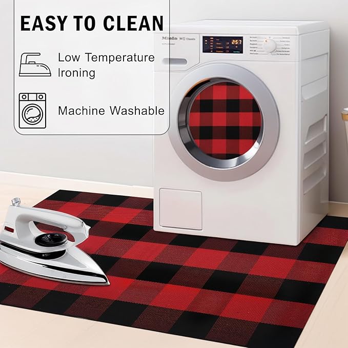 SEEKSEE Cotton Buffalo Plaid Rug 4'x6' Black and Red Checked Rug Washable Doormats Indoor Outdoor Rugs for Layered Front Door Mats, Porch, Kitchen, Farmhouse, Entryway