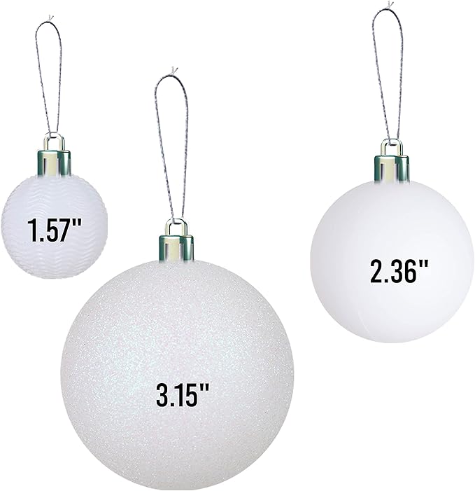 Prextex 36pc Shatterproof White Christmas Balls Ornament Set - Festive Christmas Tree Ornaments in 3 Different Sizes and 6 Styles - Holiday Decoration with Hanging Loops for Tree, Wreath, Party Decor