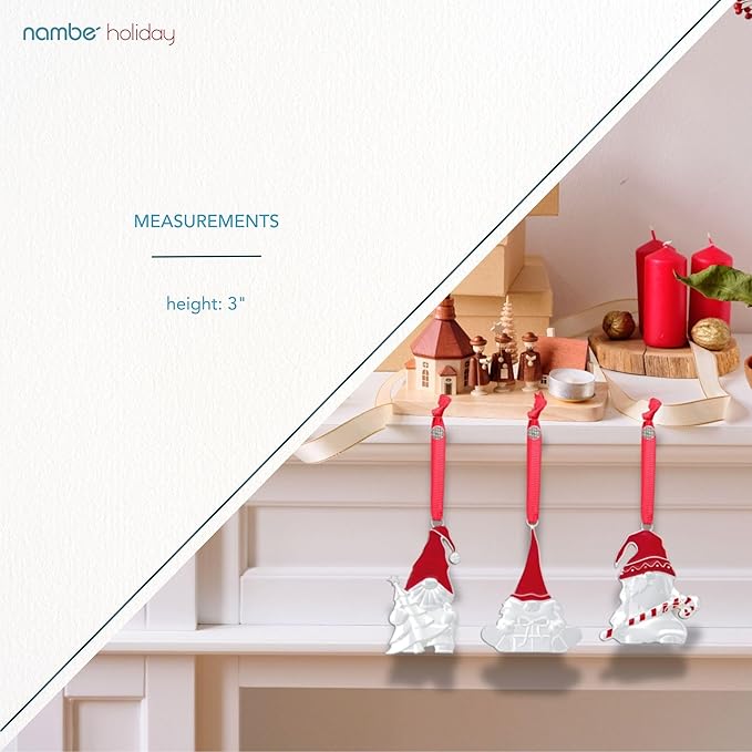 Nambe Whimsical Holiday Mini Gnome Ornament Set – 3 Silver-Plated Hanging Gnome Decorations for Christmas Tree, Seasonal Collectible Ornaments, 3" Each, Silver Plate