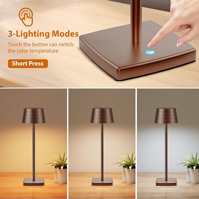 Cordless Table Lamps Rechargeable,Battery 6000mAh LED Portable Lights for Outdoor/Patio/Restaurant/Indoor Desk Lamp - IP54 Waterproof 3 Colors Stepless Dimming (Coffee)