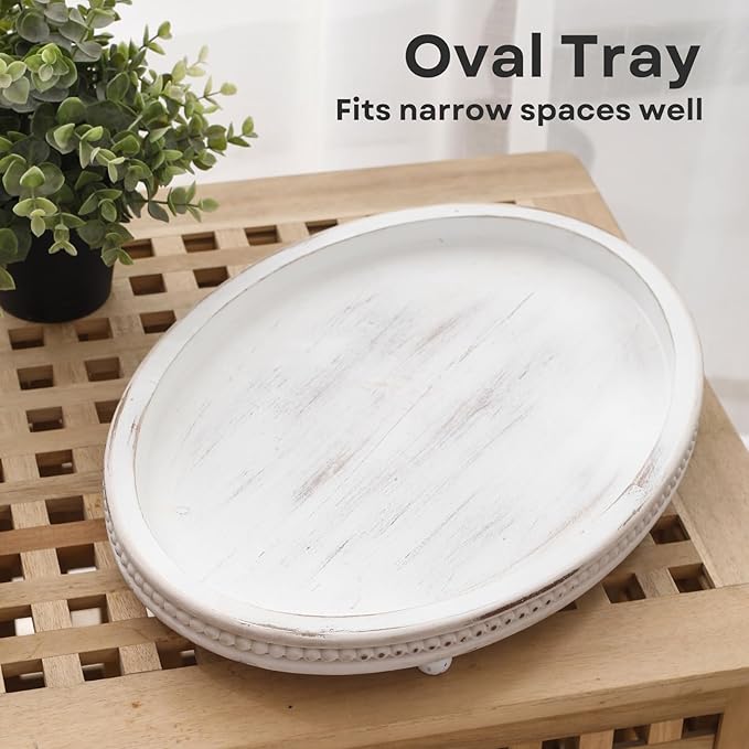 Wooden Tray,Oval Decorative Tray for Coffee Table Kitchen Dinning Table Entryway, Small Beaded Tray for Holidays, Farmhouse Centerpiece Decor Weathered White