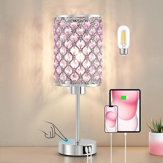 Crystal Table Lamp, Pink Touch Lamp with USB C+A Ports, 3 Way Dimmable Lamp with Crystal Shade, Bedside Lamp Small Lamp for Girl Bedroom, Living Room(Buld Included)