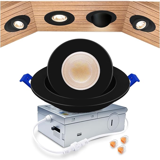 zouzai 1 Pack 4 inch Black 5CCT LED Gimbal Led Recessed Light with Junction Box, 360ยฐ+90ยฐ Adjustable Directional Eyeball Lighting, Dimmable, 2700K/3000K/3500K/4000K/5000K,10W=90W-ETL&Energy Star