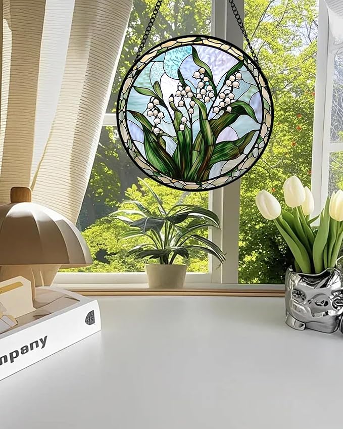 Stained Glass Window Hanging, White Green Lily of The Walley Flowers Sun Catcher for Door Home Decor Plants Suncatcher Christmas Mother's Day Birthday Gifts for Women Men Mom Nana 9.8 in