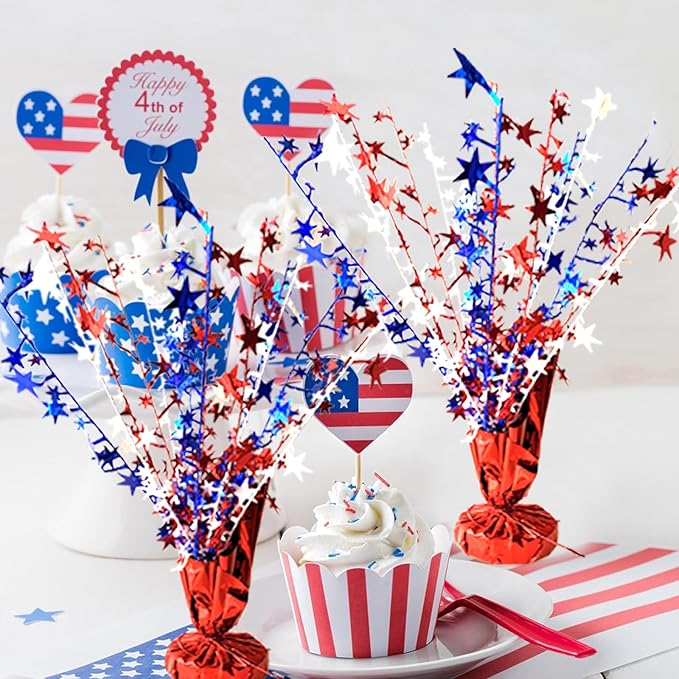 6 Pack 4th of July Table Centerpiece Decoration Metallic Foil Spray Star Burst Patriotic Decoration Independence Day Labor Day Veteran Day Memorial Day Party Supplies, Red White and Blue