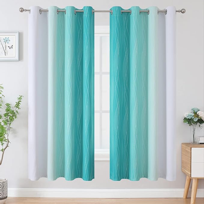Estelar Textiler Grayish White and Teal Blackout Curtains for Living Room, Ombre Thermal Insulated Noise Reducing Blackout Drapes for Bedroom, Room Darkening Grommet Curtains, 52Wx72L, 2 Panels