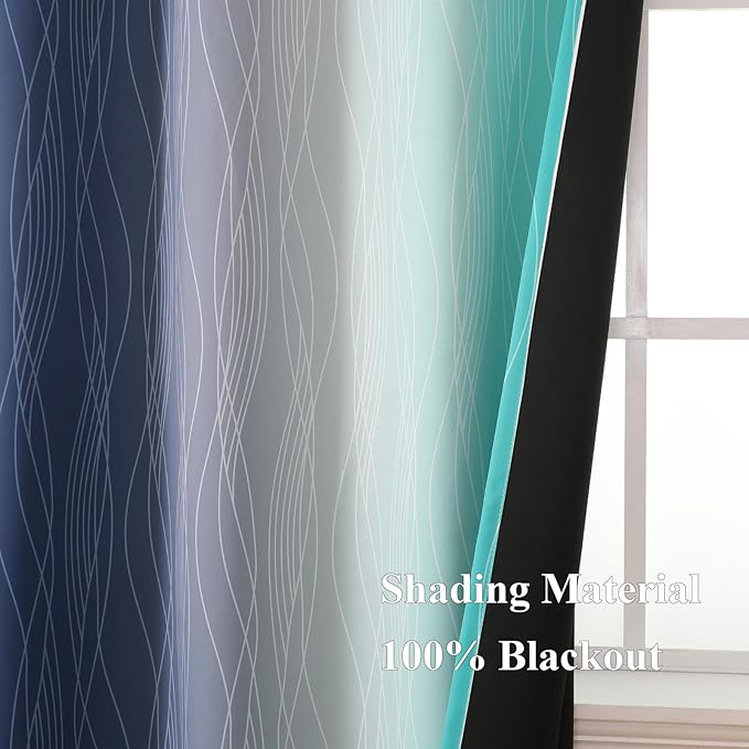 Estelar Textiler Navy Blue and Teal Blackout Curtains for Living Room, Full Room Darkening Grommet Ombre Curtains for Bedroom, Thermal Insulated Light Blocking Gradient Drapes, 42Wx72L, 2 Panels