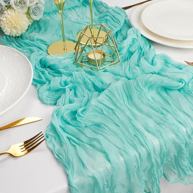 FEXIA Sky Blue Table Runner 35x120 Inches for Baby Shower Decoration Gauze Rustic Table Runner for Wedding Party First Communion Centerpiece Engagement Bridal Shower Boho Decoration