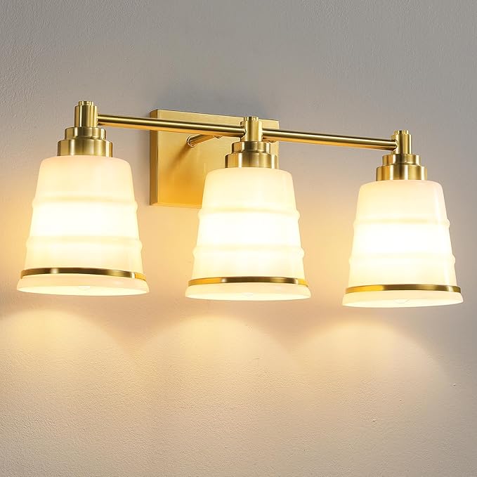 Gold Bathroom Vanity Light Fixture, 3 Light Bathroom Light Fixtures Over Mirror with Milky White Glass and Metal Base Wall Sconce, 21.3inch Modern Vanity Light for Bathroom(Exclude E26 Bulb)