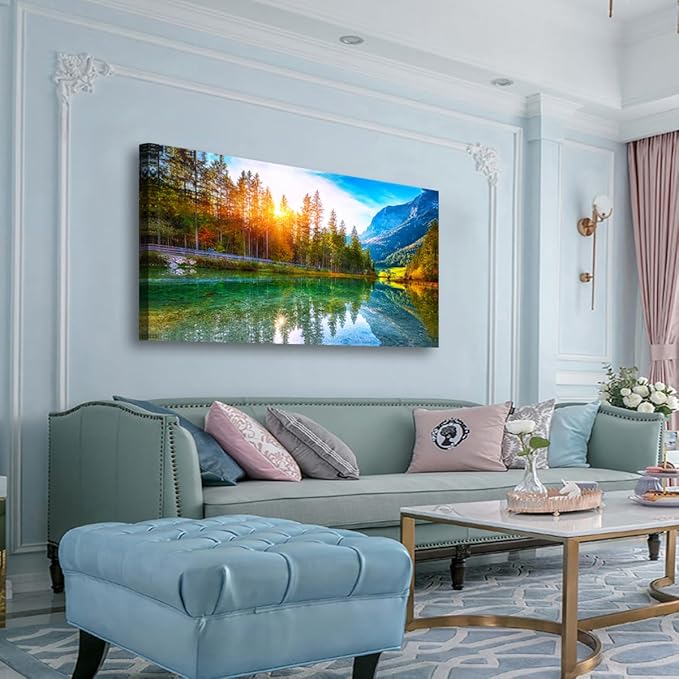 Scenery Canvas Wall Art for Living room Office Bedroom Sunshine Forest Landscape Wall Art Green Nature Pictures Art Print Paintings Modern Mountain Lake Wall Decor Artwork Waterproof -20 * 40inch