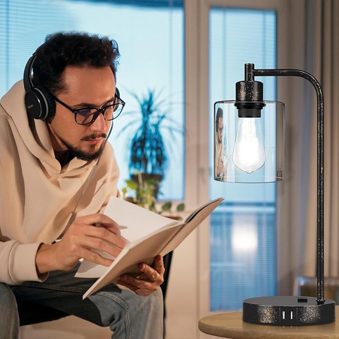 Industrial Touch Table Lamps Set of 2 - Rustic Black Bedside Lamps with 2 USB Ports & AC Outlet, 3-Way Dimmable Nightstand Desk Lamp for Bedroom Living Room Farmhouse, Glass Shade & LED Bulbs Included