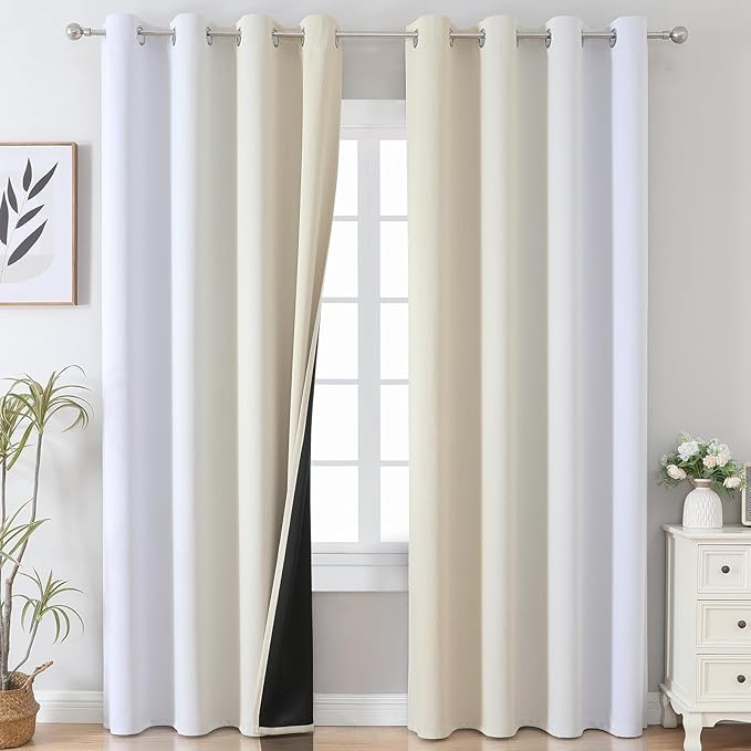 Estelar Textiler Beige and Greyish White Ombre Blackout Curtains 90 Inch Length 2 Panels Set, Thermal Insulated Drapes for Bedroom,Full Room Darkening Grommet Gradient Curtains for Living Room,52Wx90L