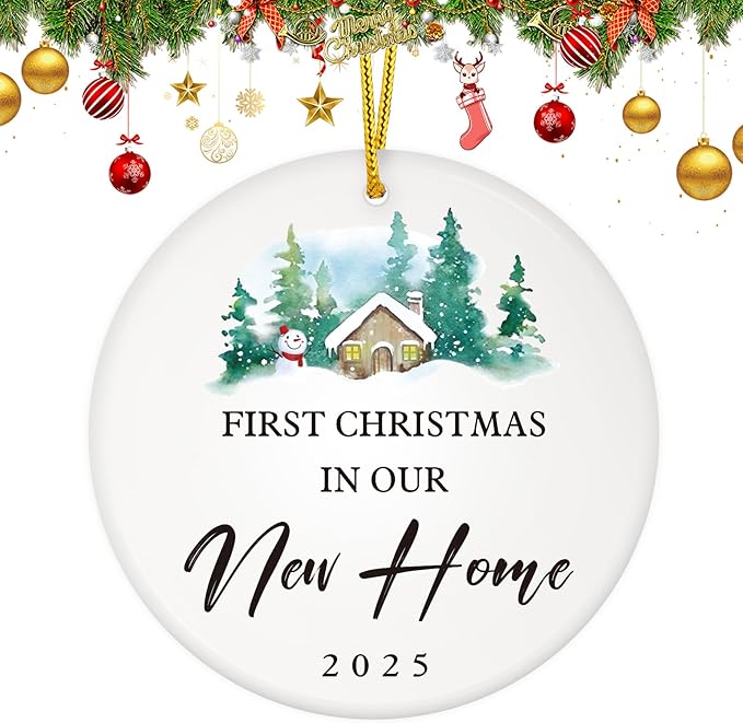 D4DREAM New Home Ornament 2025-3'' Ceramic First Christmas in Our New Home Ornaments Christmas Housewarming Gift for Women Couple Friends Home Car Decor Newhouse Owners Gift Ideas