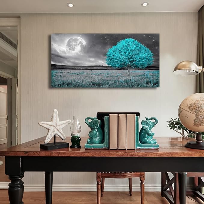 Tree of Life Wall Art Picture Canvas Prints Room Wall Décor Blue Tree with Full Moon Paintings for Living Room Bathroom Bedroom Home Kitchen Decorations Natural Artwork Wooden Framed 28x57inches