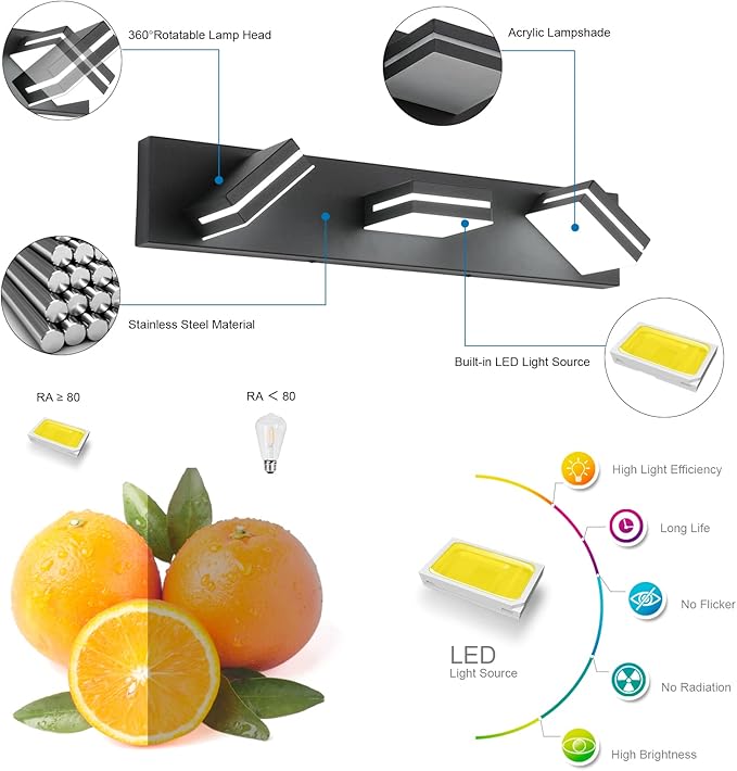 SineRise LED Modern Bathroom Vanity Light Fixtures (3-Light, 24-Inch, Dimmable), Matte Black Modern Acrylic Bathroom Wall Lighting Fixtures Over Mirror (Cool White 6000K)