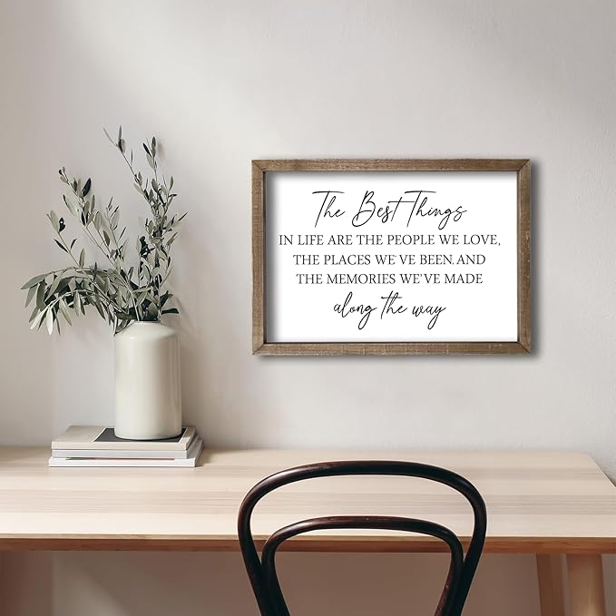 Comurdyo The Best Things in Life Sign 15.7''×11'' Framed Wood Memories Inspirational Quotes Wall Decor Vintage Farmhouse Wedding Gifts Sign Wall Art for family Home Bedroom (Wood)