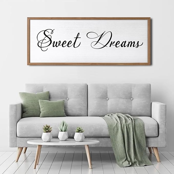 Sweet Dreams Wall Decor Above Bed 32x12 Inch Large Master Bedroom Hanging Wood Rustic Framed Farmhouse Sweet Dreams Sign Guest Room Aesthetic And Minimalist Over Bed Wall Art(Wood White)