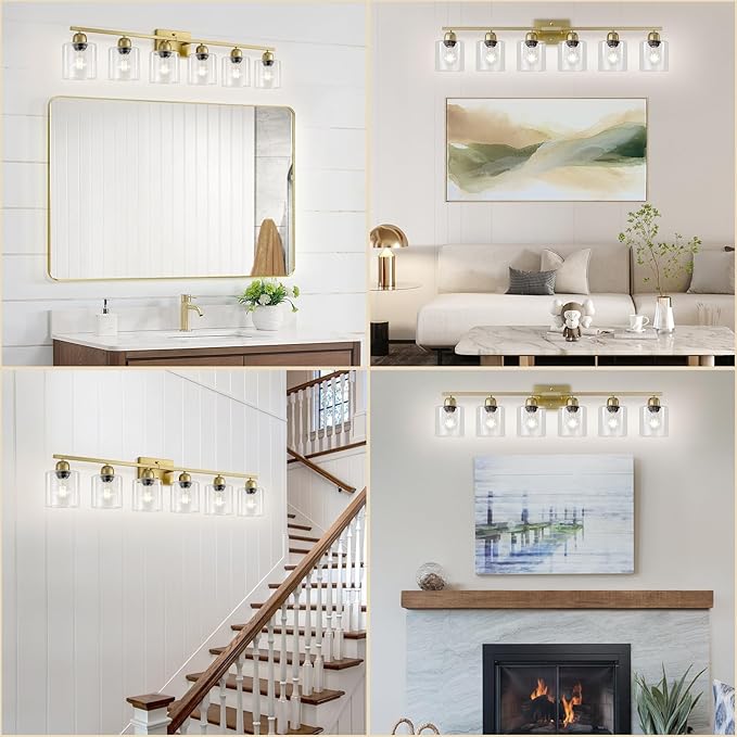 6 Light Gold Bathroom Vanity Light, Gold Vanity Lights for Bathroom with Clear Glass, 38 inch Wall Lamp for Oversized Mirrors Living Room Bedroom Hallway E26 Base