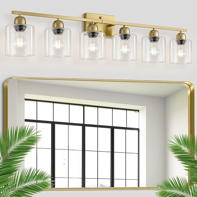 6 Light Gold Bathroom Vanity Light, Gold Vanity Lights for Bathroom with Clear Glass, 38 inch Wall Lamp for Oversized Mirrors Living Room Bedroom Hallway E26 Base