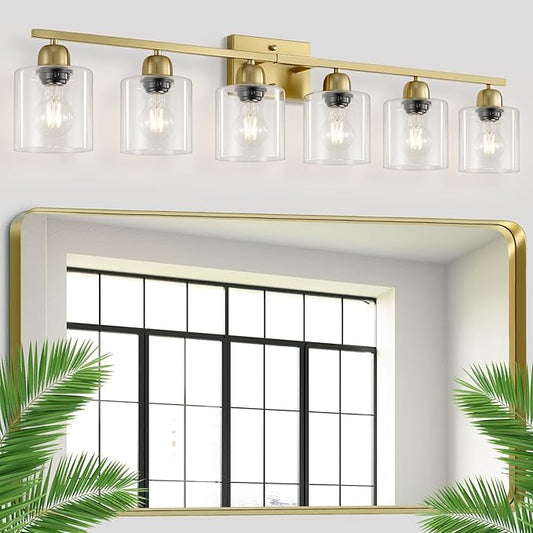 6 Light Gold Bathroom Vanity Light, Gold Vanity Lights for Bathroom with Clear Glass, 38 inch Wall Lamp for Oversized Mirrors Living Room Bedroom Hallway E26 Base